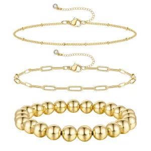 14K Gold Layered Stretchable Elastic Beaded Ball Bracelets Sets-3Pcs