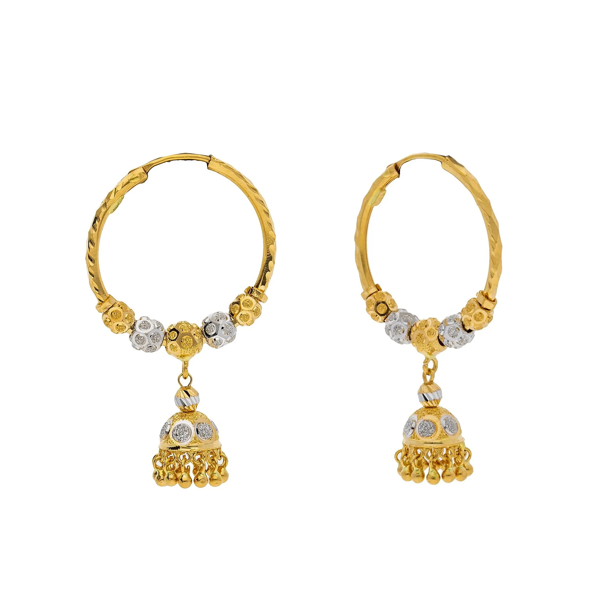 22K Multi Tone Gold Hoop Earrings W/ Gold Shambala Beads & Jhumki Drops