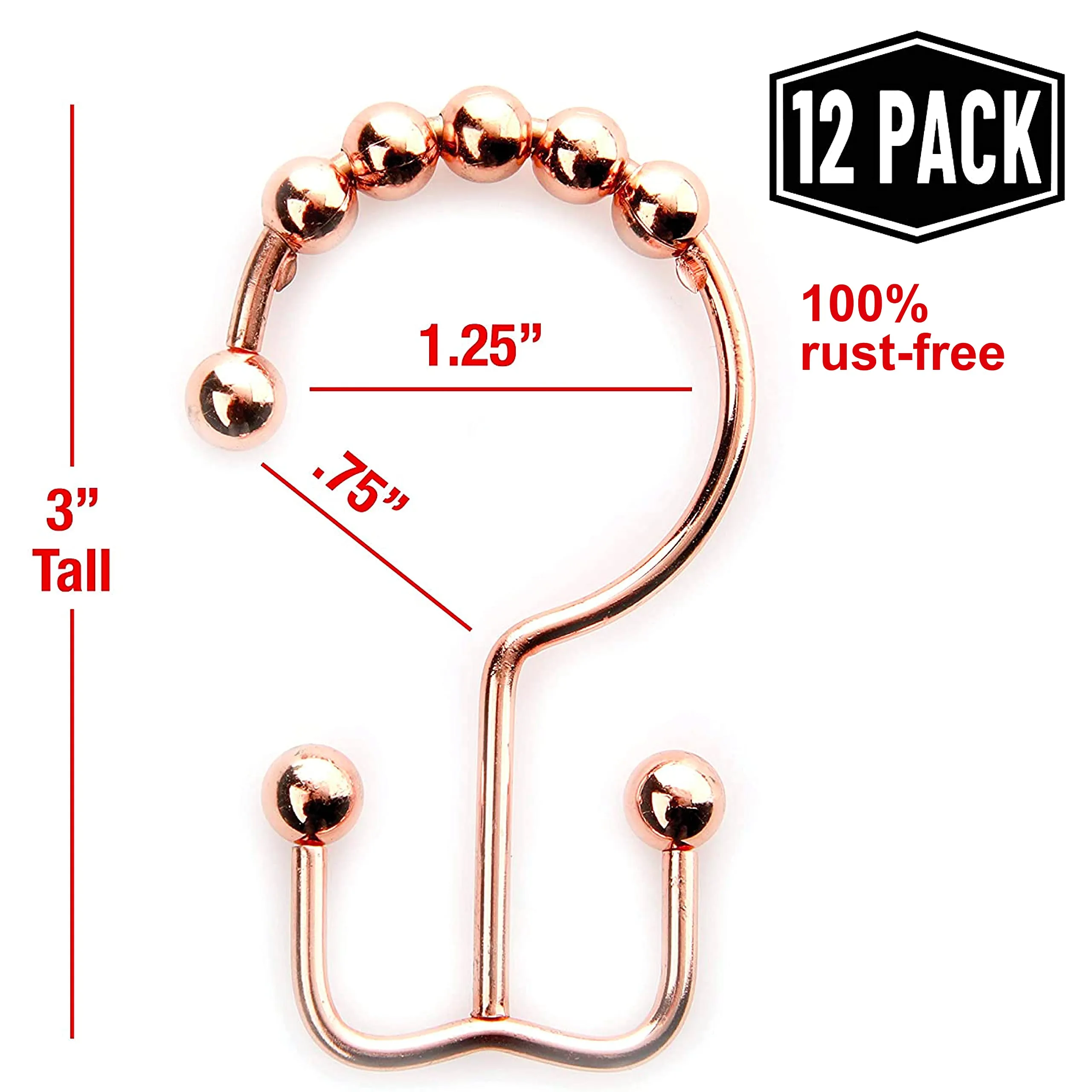 2lbDepot Copper Shower Curtain Hooks Rings, Premium Rust-Resistant Stainless Steel Metal