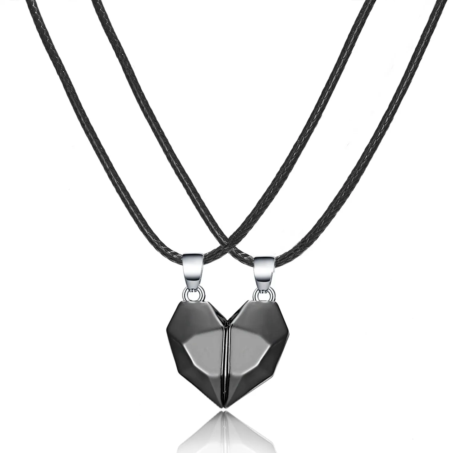 2Pcs Punk Heart Pendant Couple Necklace Lover Distance Faceted Magnetic Necklace