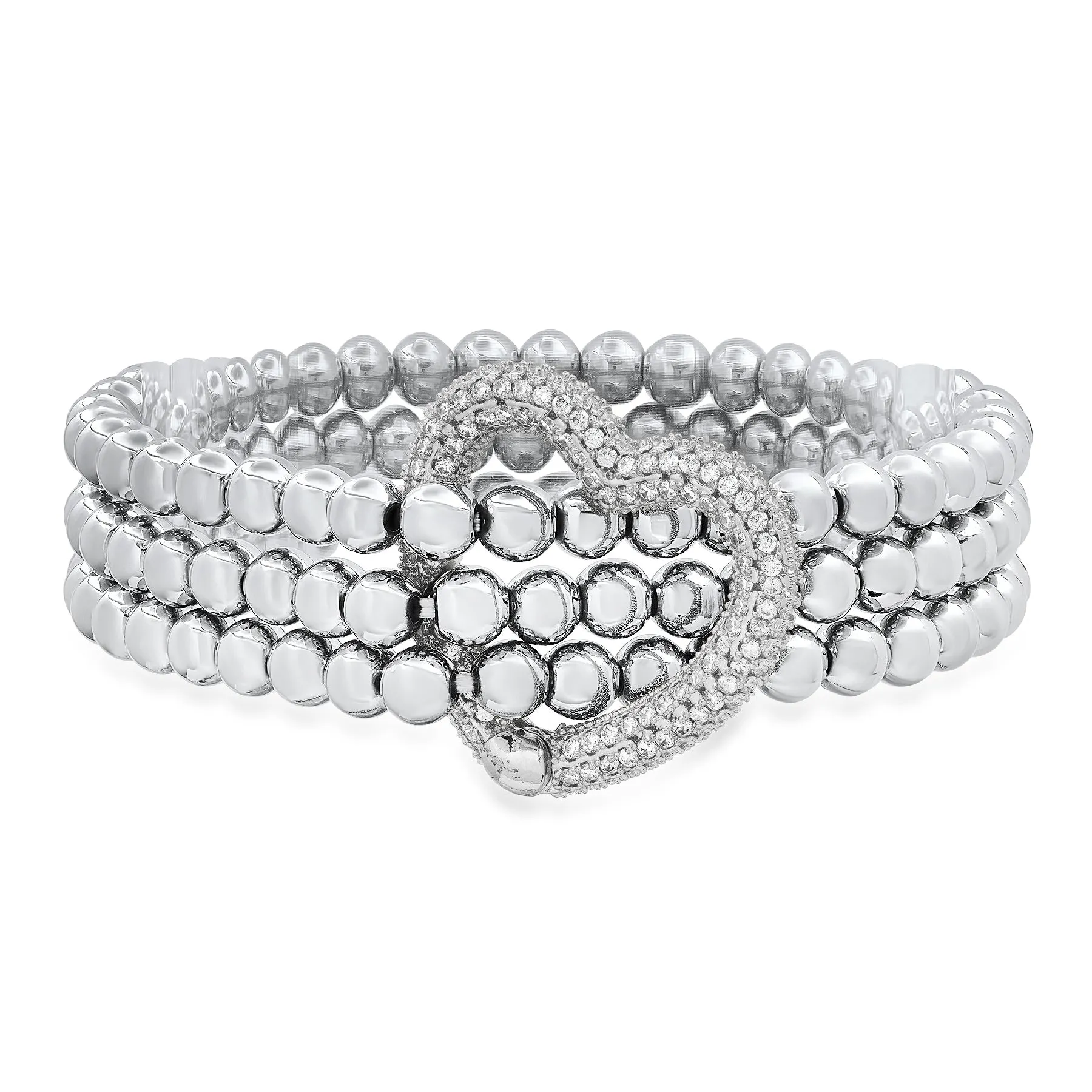 3 STRAND CZ SILVER HEART STRETCH BRACELET, SILVER