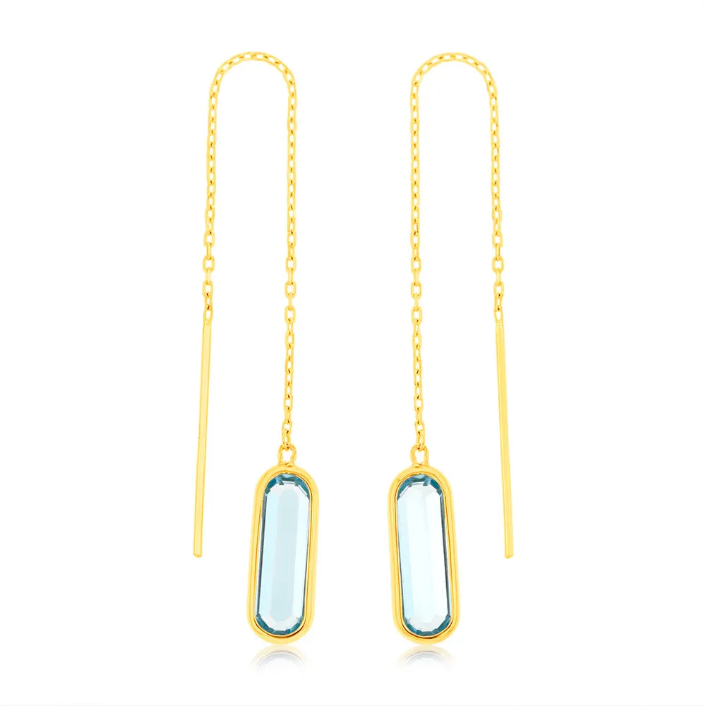 9ct Yellow Gold  Natural Blue Topaz Threader Drop Earrings