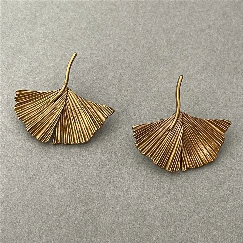 Antique Gold Ginkgo Leaf Earrings-jlt11667