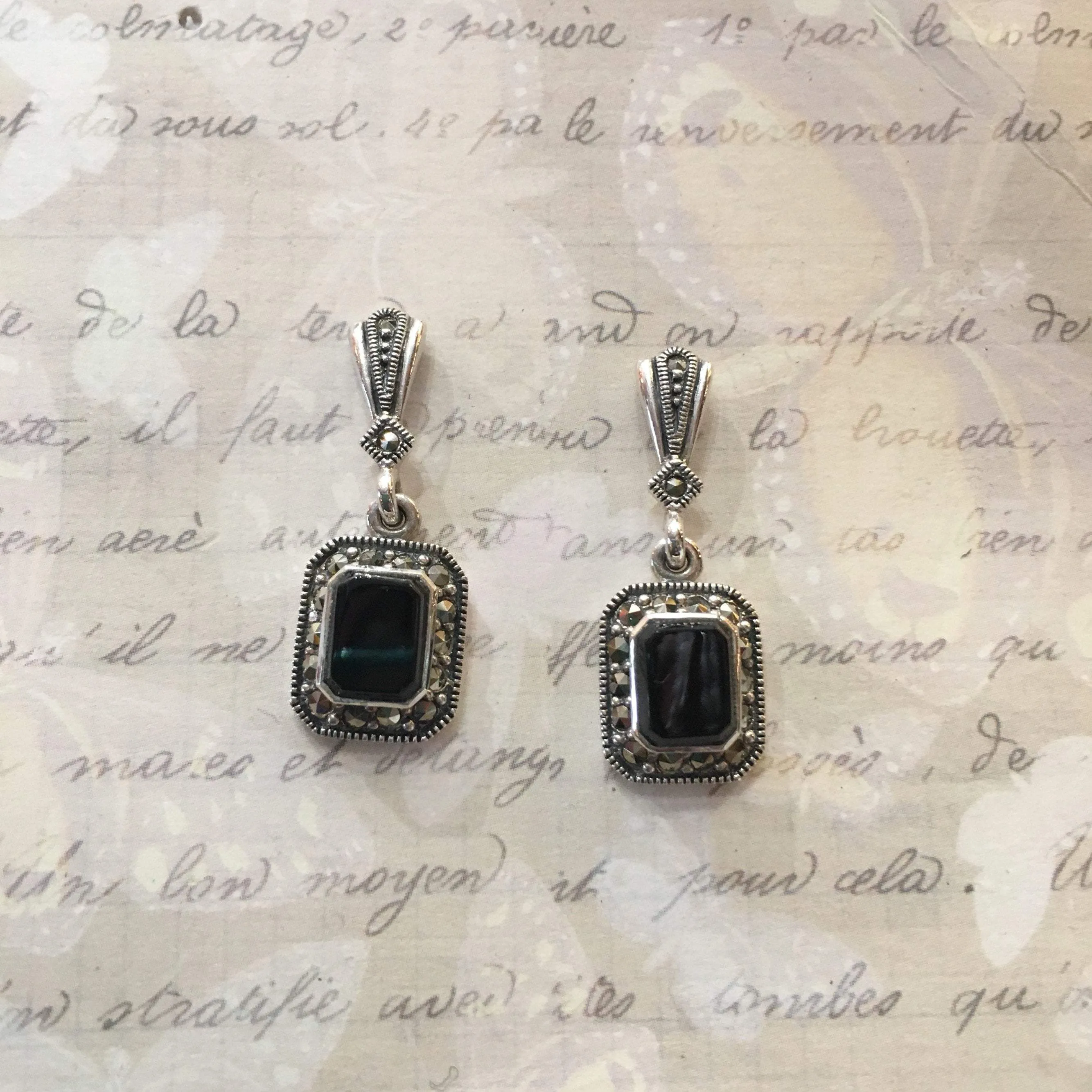 Art Deco Earrings Black Onyx Silver Marcasite