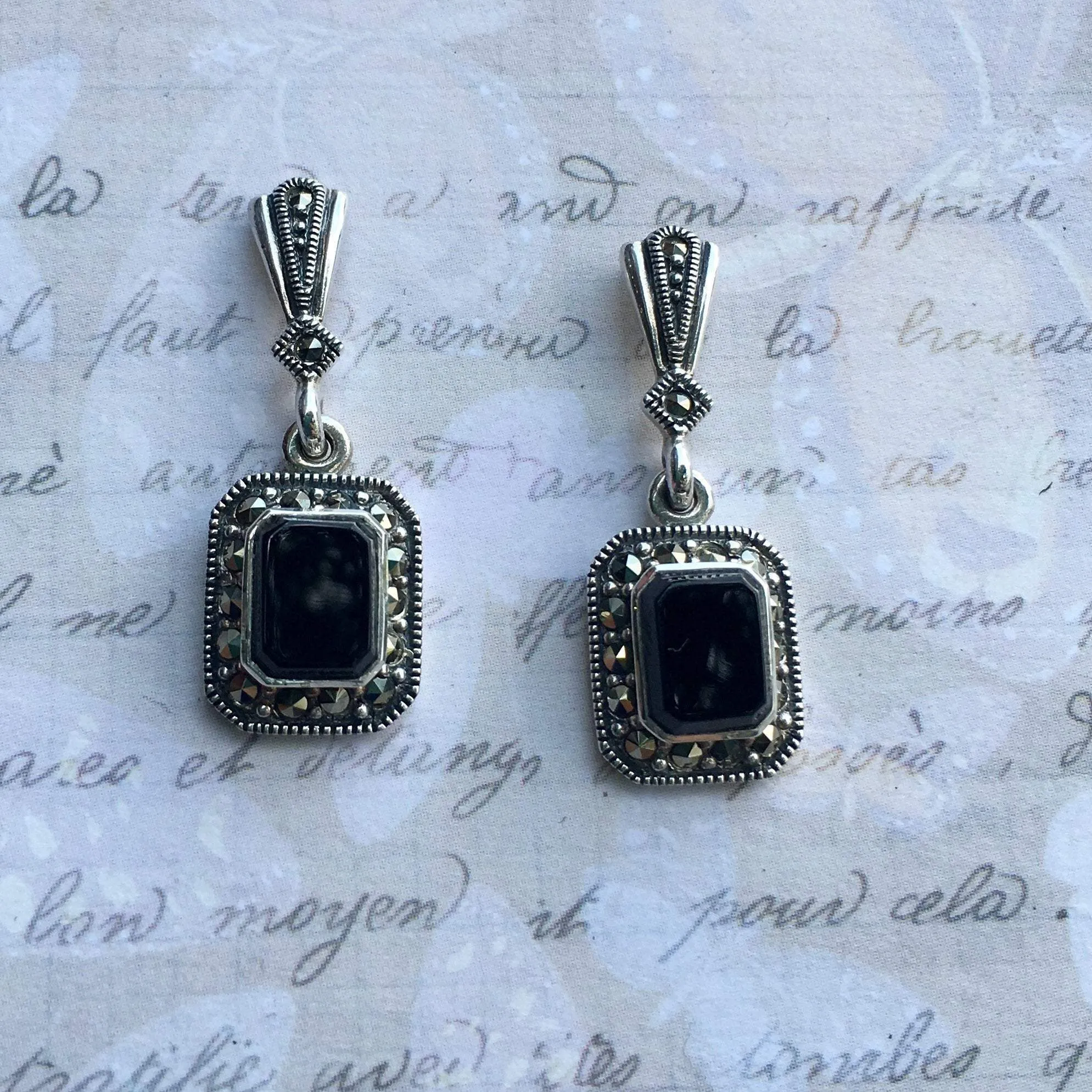 Art Deco Earrings Black Onyx Silver Marcasite