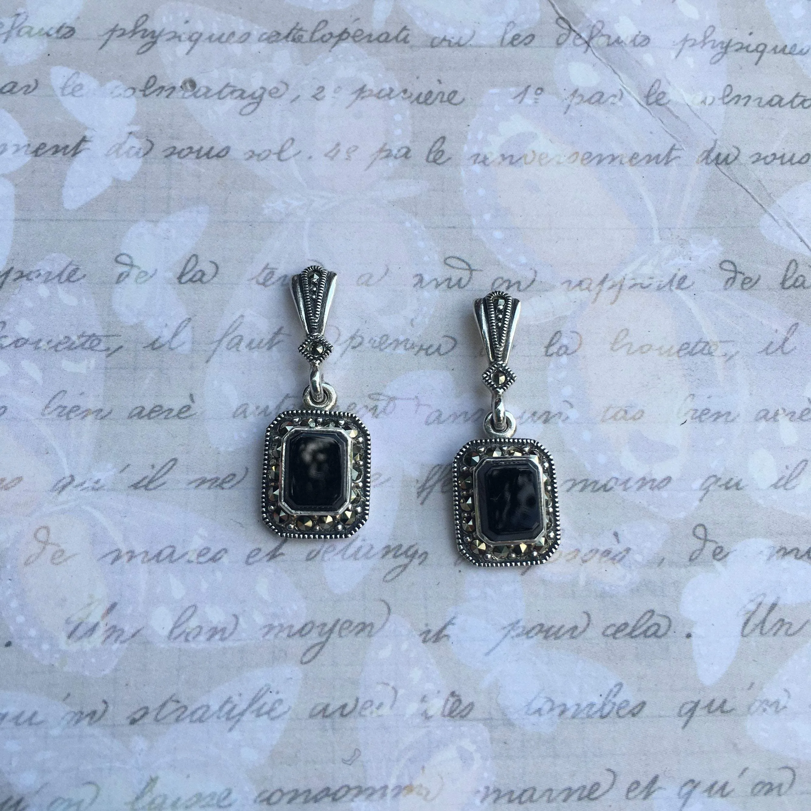 Art Deco Earrings Black Onyx Silver Marcasite