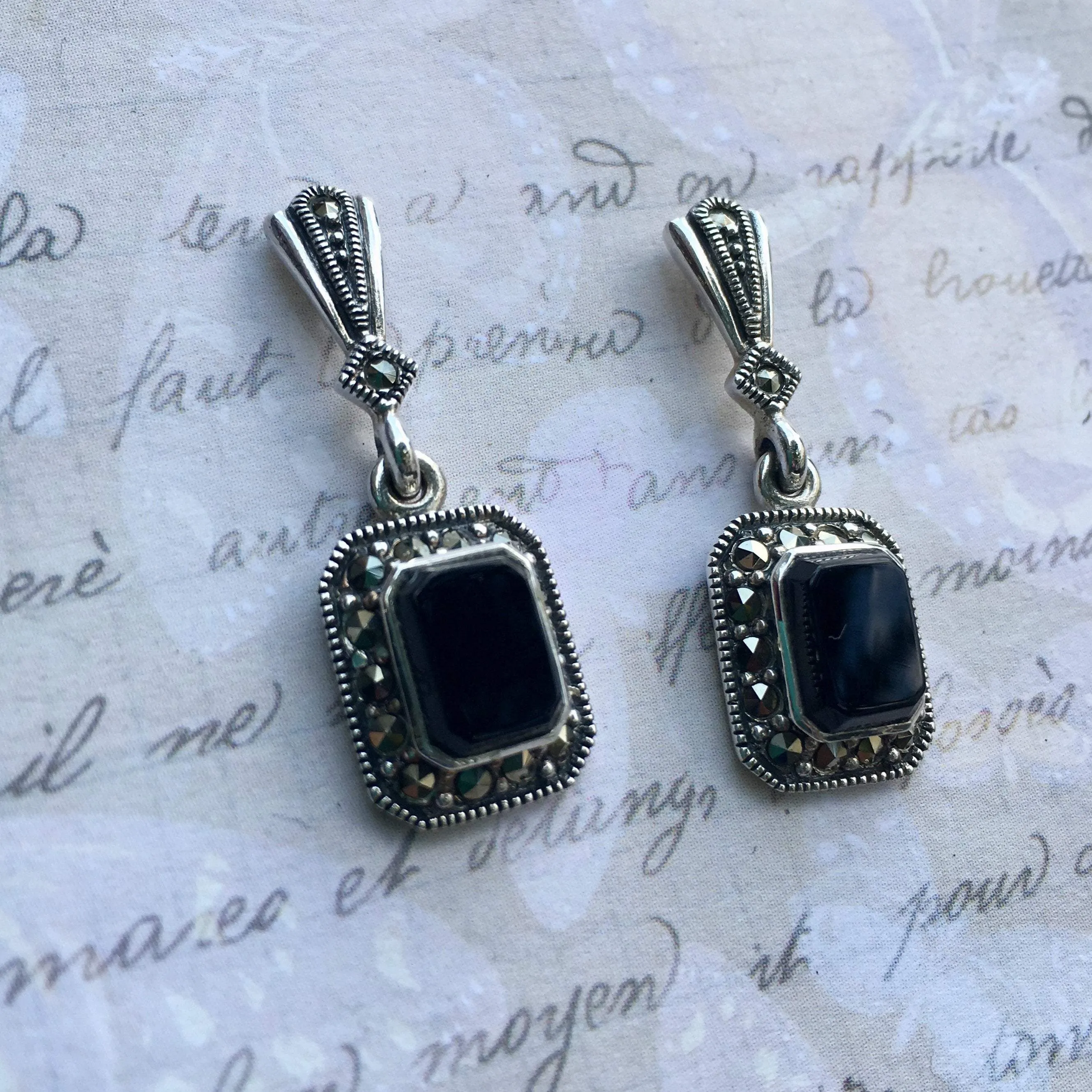 Art Deco Earrings Black Onyx Silver Marcasite