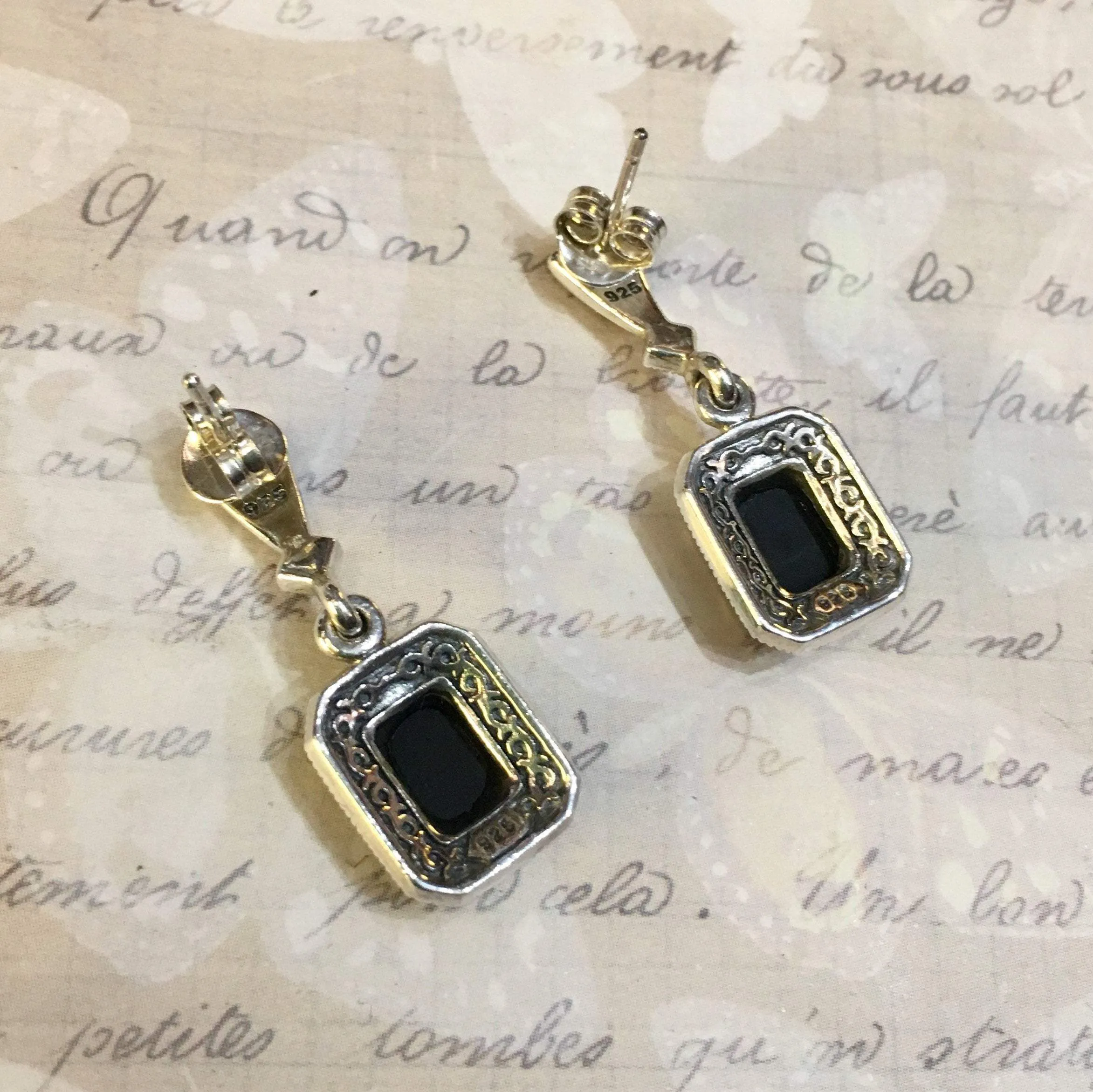 Art Deco Earrings Black Onyx Silver Marcasite