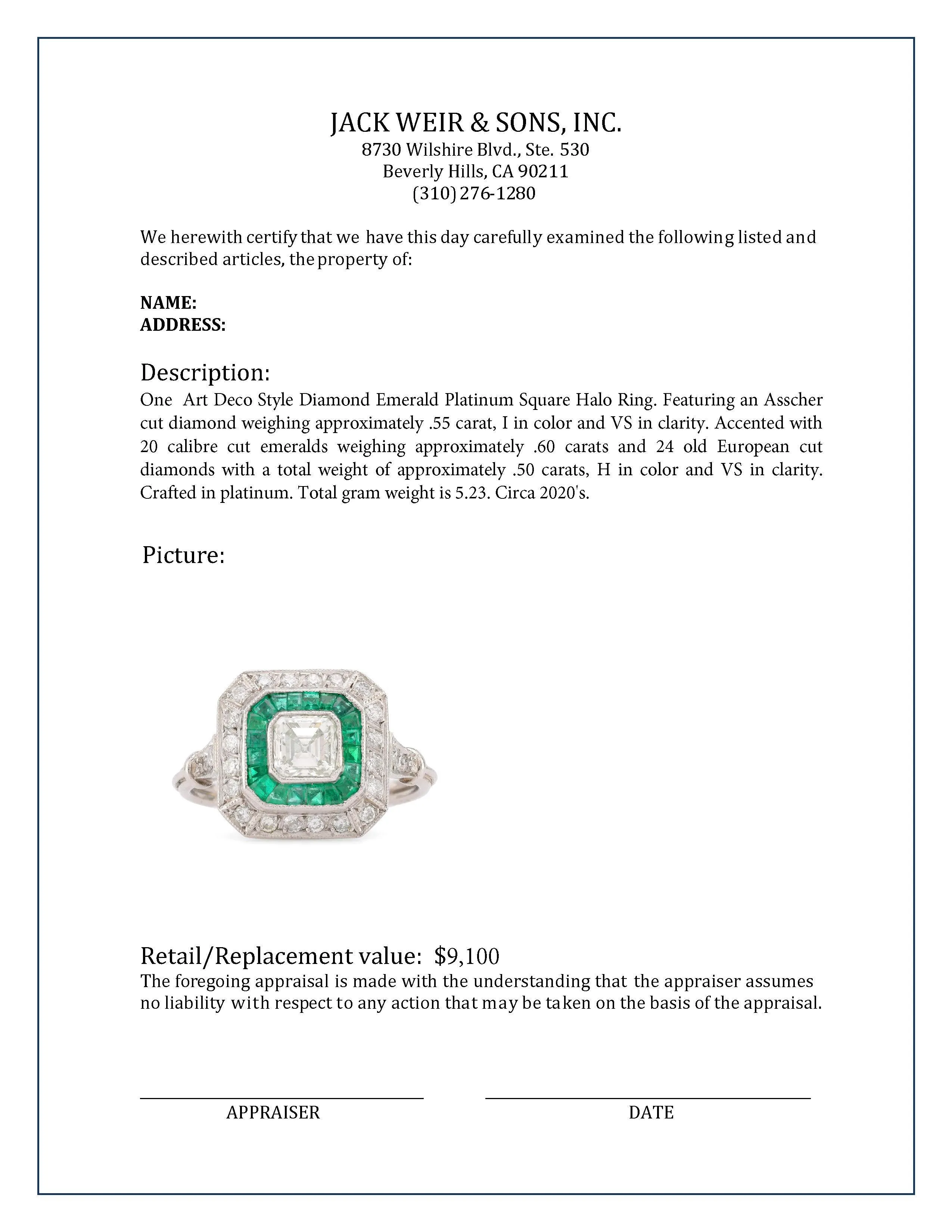 Art Deco Style Diamond Emerald Platinum Square Halo Ring