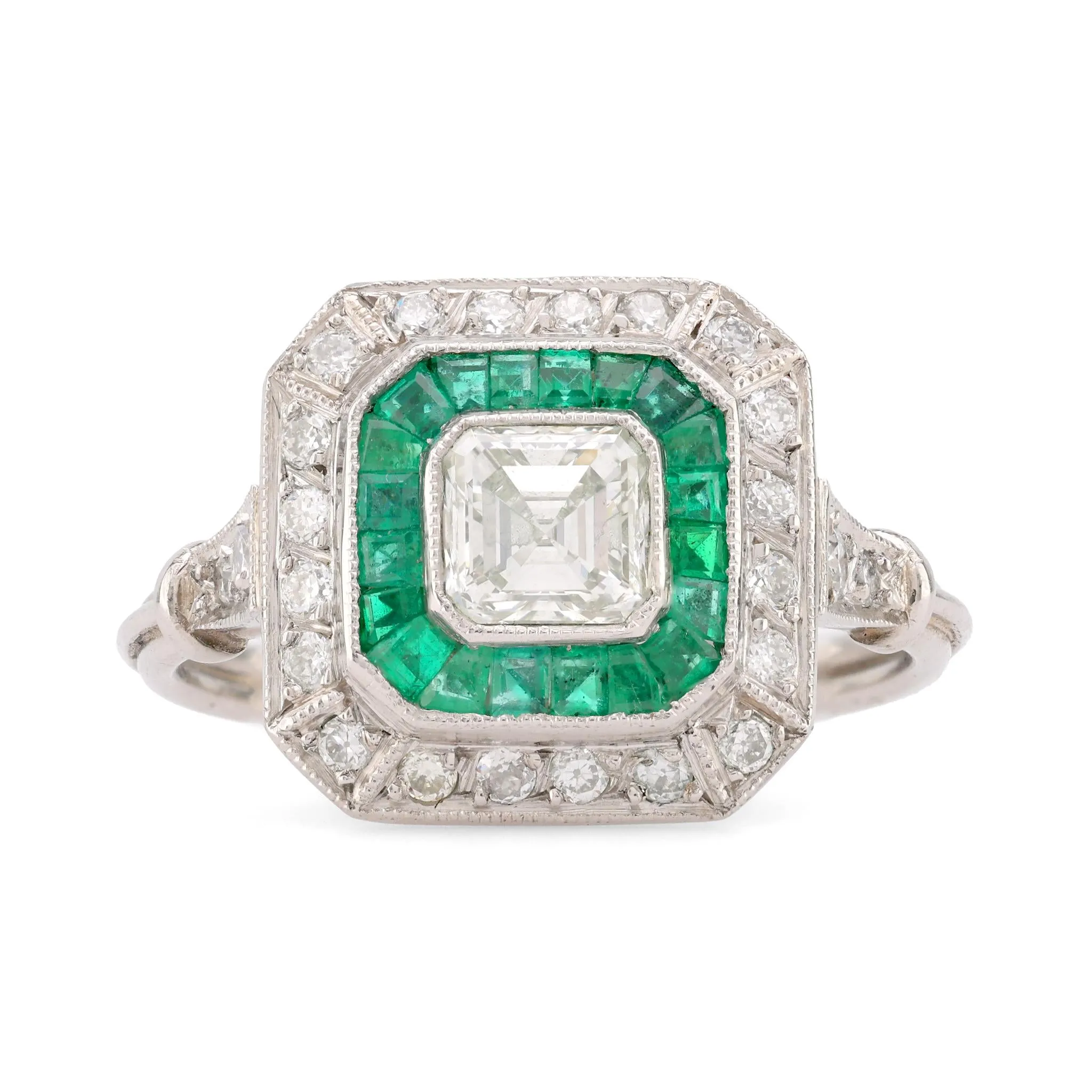 Art Deco Style Diamond Emerald Platinum Square Halo Ring