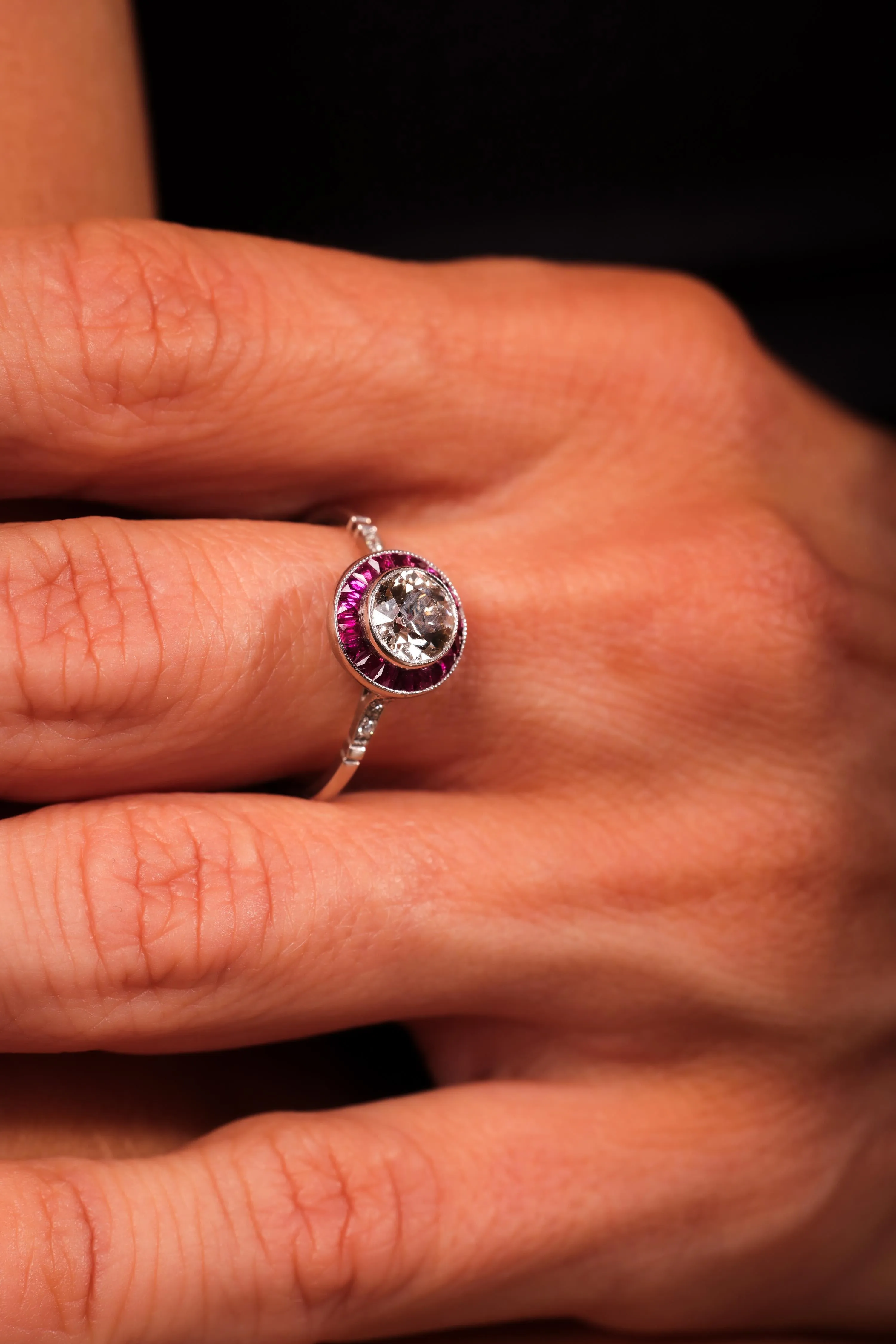 Art Deco Style Diamond Ruby Platinum Target Ring