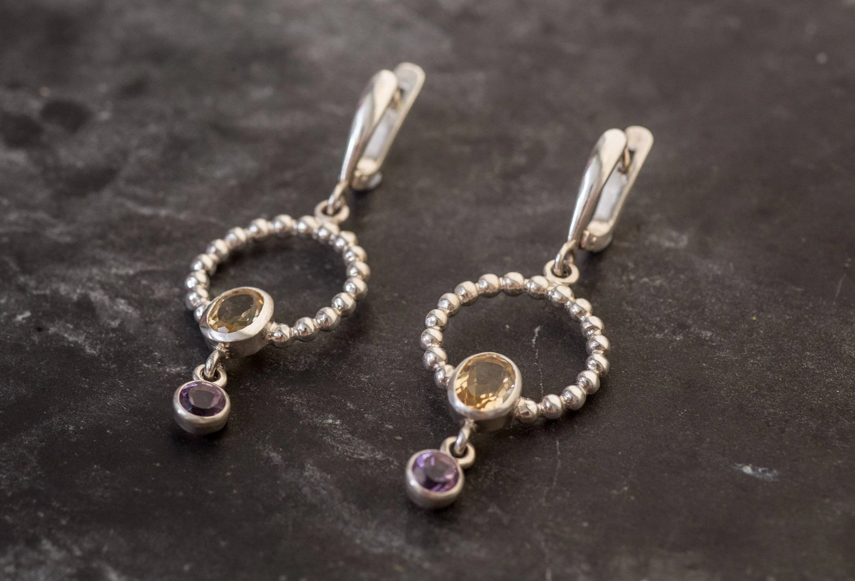 Artistic Citrine Circle Long Earrings, Real Citrine Earrings, Amethyst Gemstone Earrings