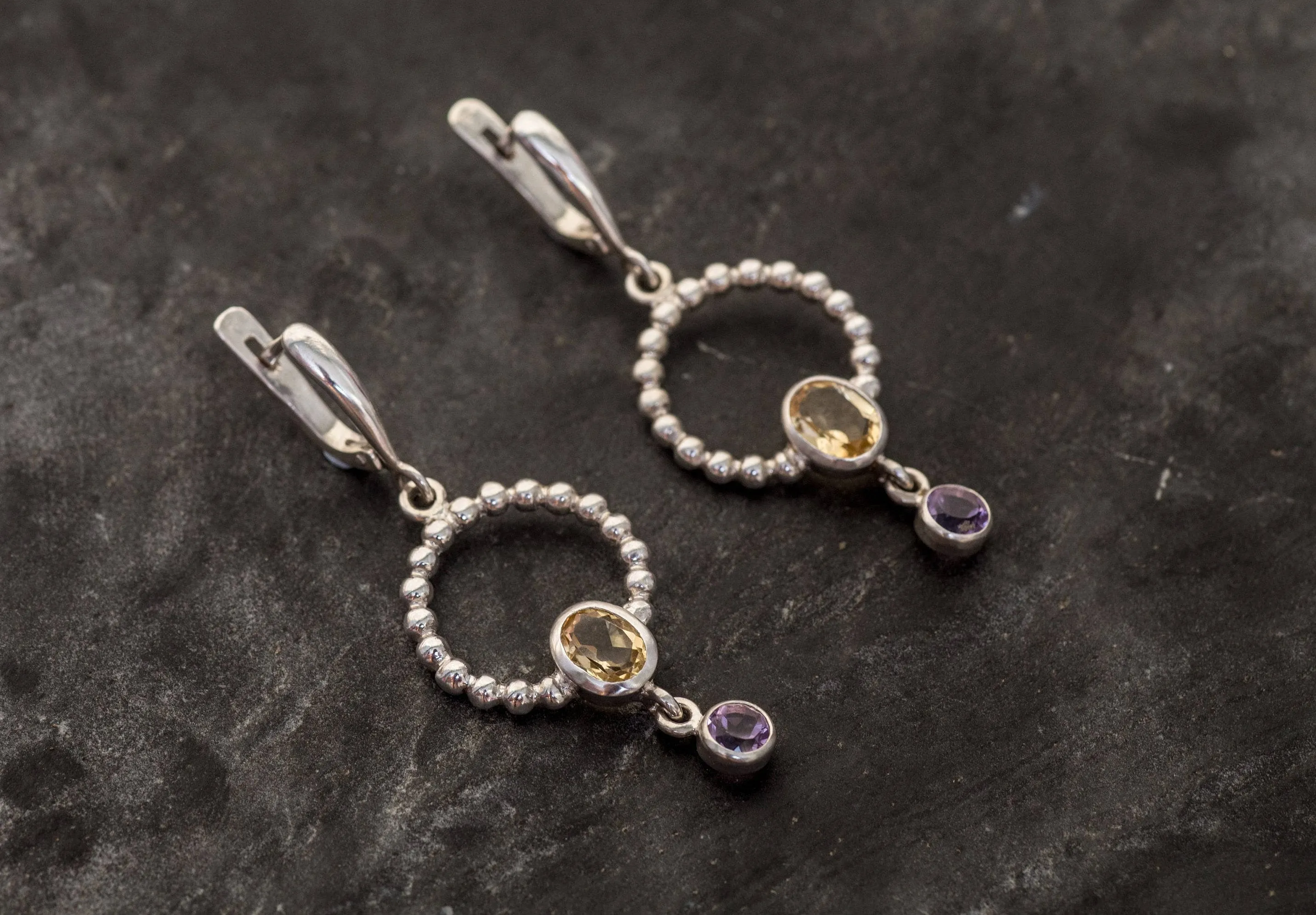 Artistic Citrine Circle Long Earrings, Real Citrine Earrings, Amethyst Gemstone Earrings