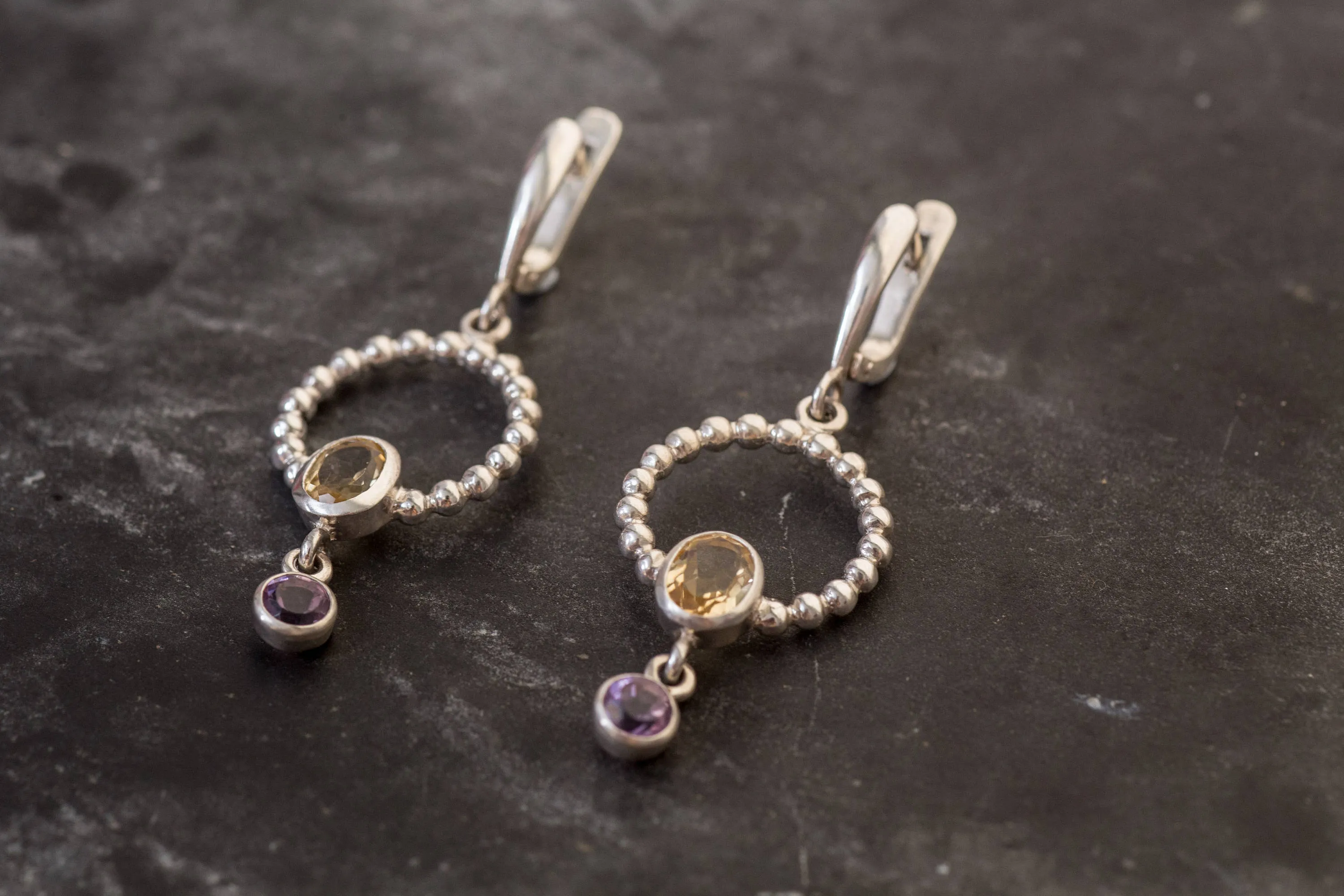 Artistic Citrine Circle Long Earrings, Real Citrine Earrings, Amethyst Gemstone Earrings