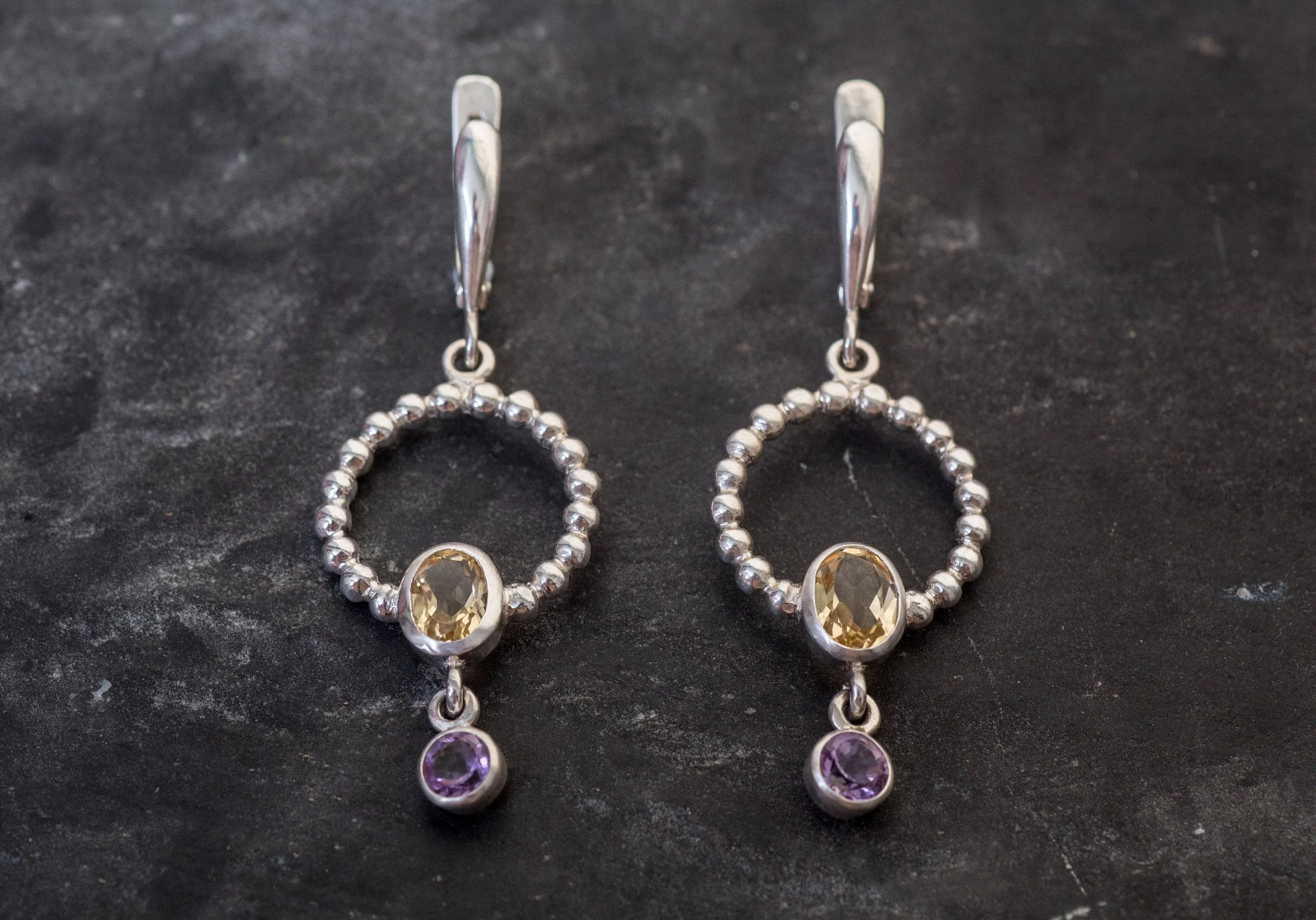 Artistic Citrine Circle Long Earrings, Real Citrine Earrings, Amethyst Gemstone Earrings