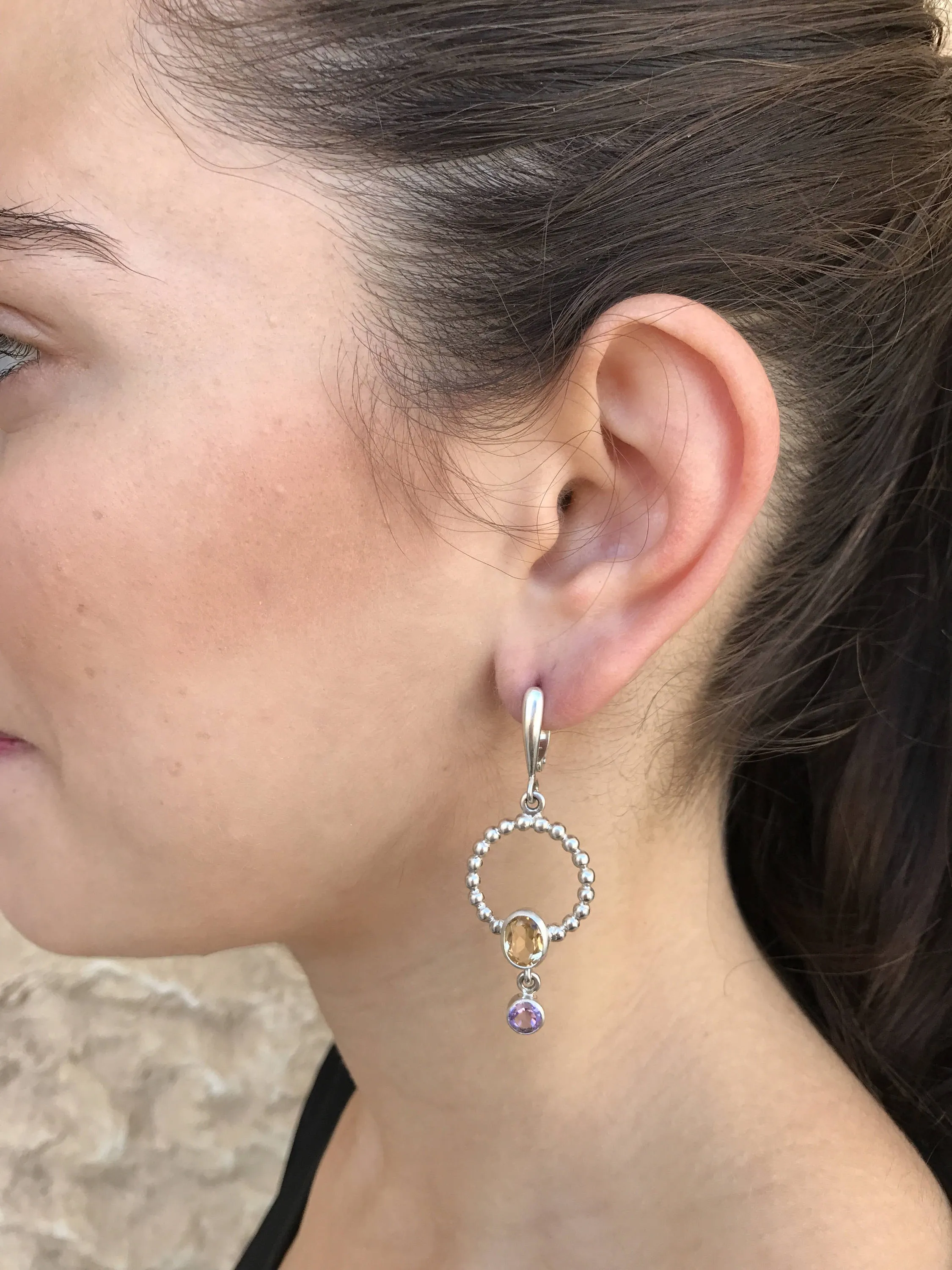 Artistic Citrine Circle Long Earrings, Real Citrine Earrings, Amethyst Gemstone Earrings