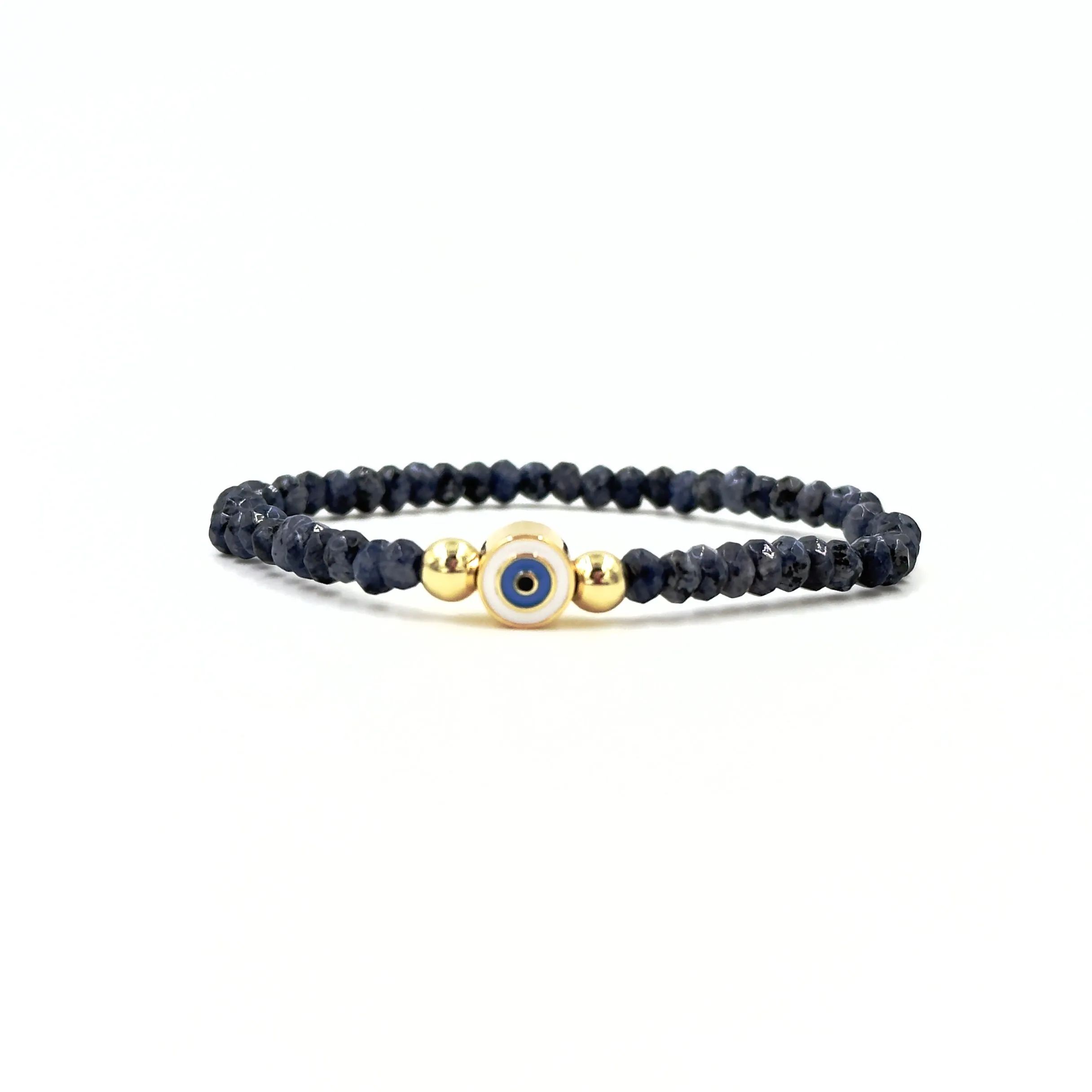 Ashley Gold Stainless Steel Gold Plated Colorful Genuine Stone Evil Eye Stretch Beaded Bracelet