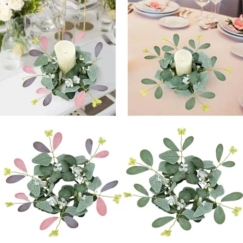 ATORSE® Candle Rings Desktop Eucalyptus Wreath for Front Door Dining Room Restaurant Double Color