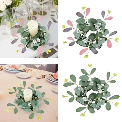 ATORSE® Candle Rings Desktop Eucalyptus Wreath for Front Door Dining Room Restaurant Double Color