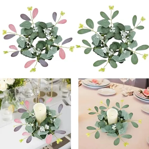 ATORSE® Candle Rings Desktop Eucalyptus Wreath for Front Door Dining Room Restaurant Double Color