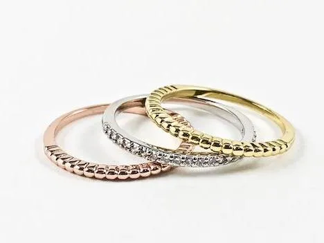 Beautiful Dainty Tri Color 3 Piece Set Silver Tone CZ Brass Ring