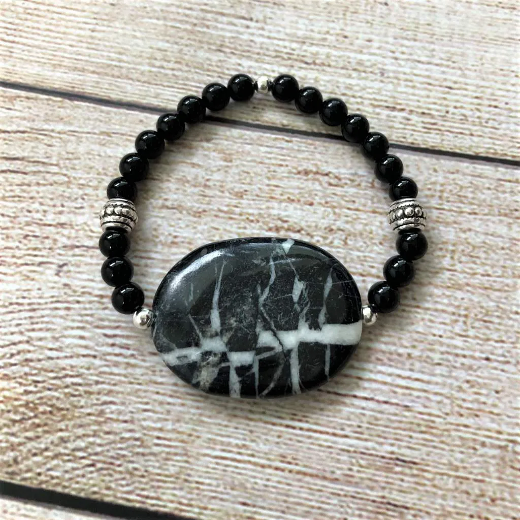 Black and Silver Marble Bracelet Stack Set