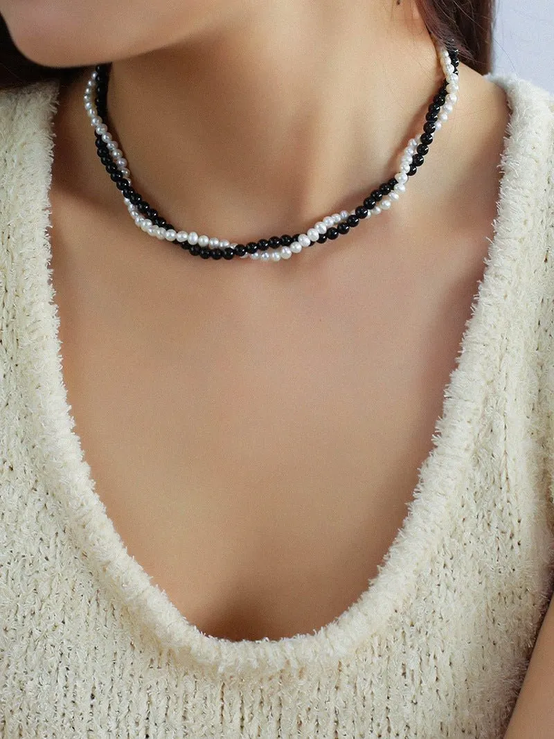 Black Onyx Natural Pearl Double Layer Necklace