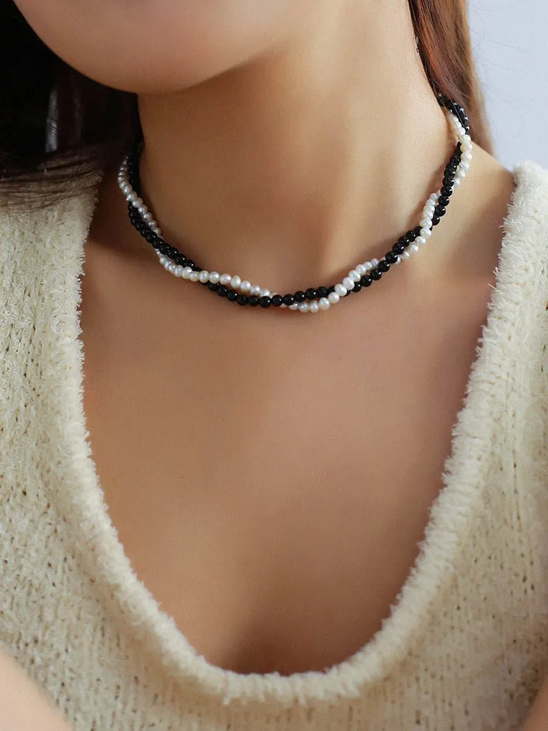 Black Onyx Natural Pearl Double Layer Necklace