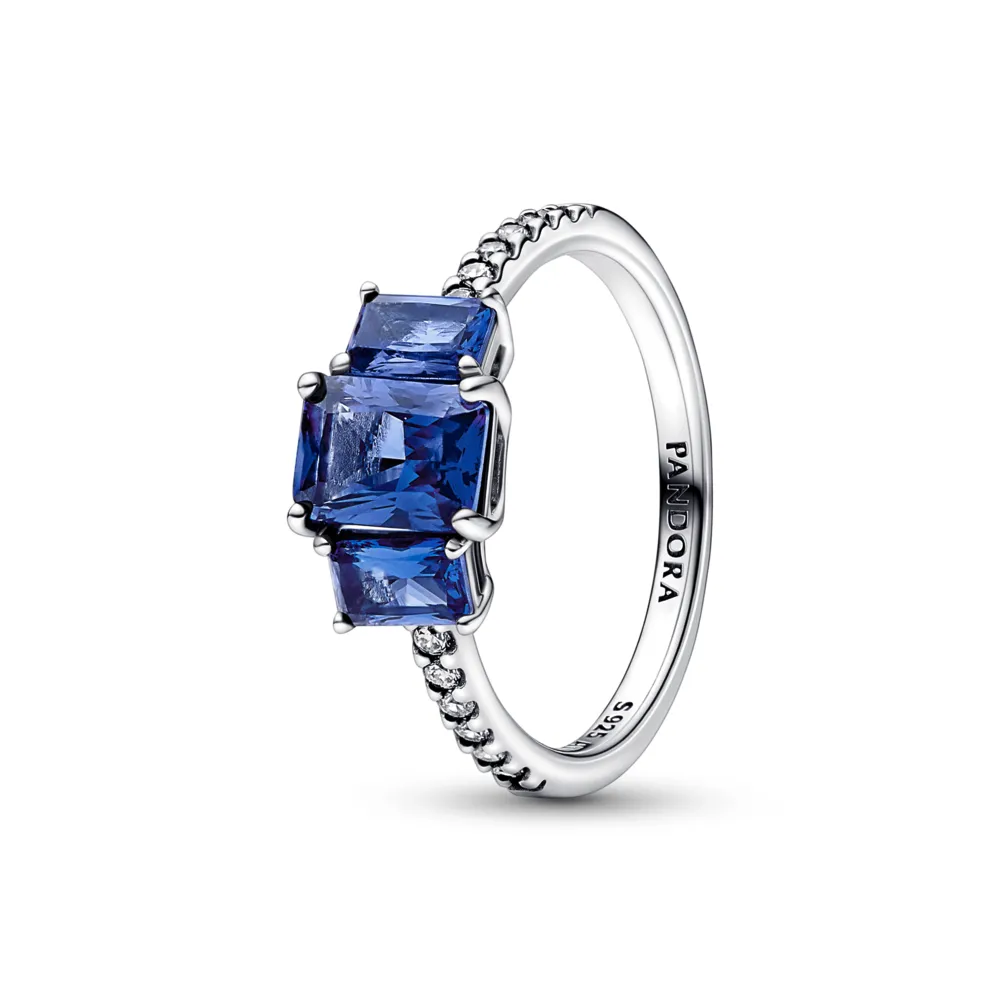 Blue Rectangular Three Stone Sparkling Ring