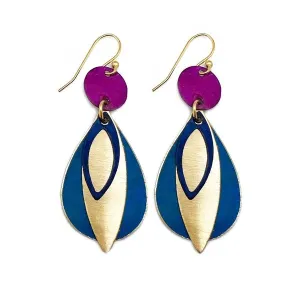 Brass Patina Earrings - Fuchsia and Blue Teardrop