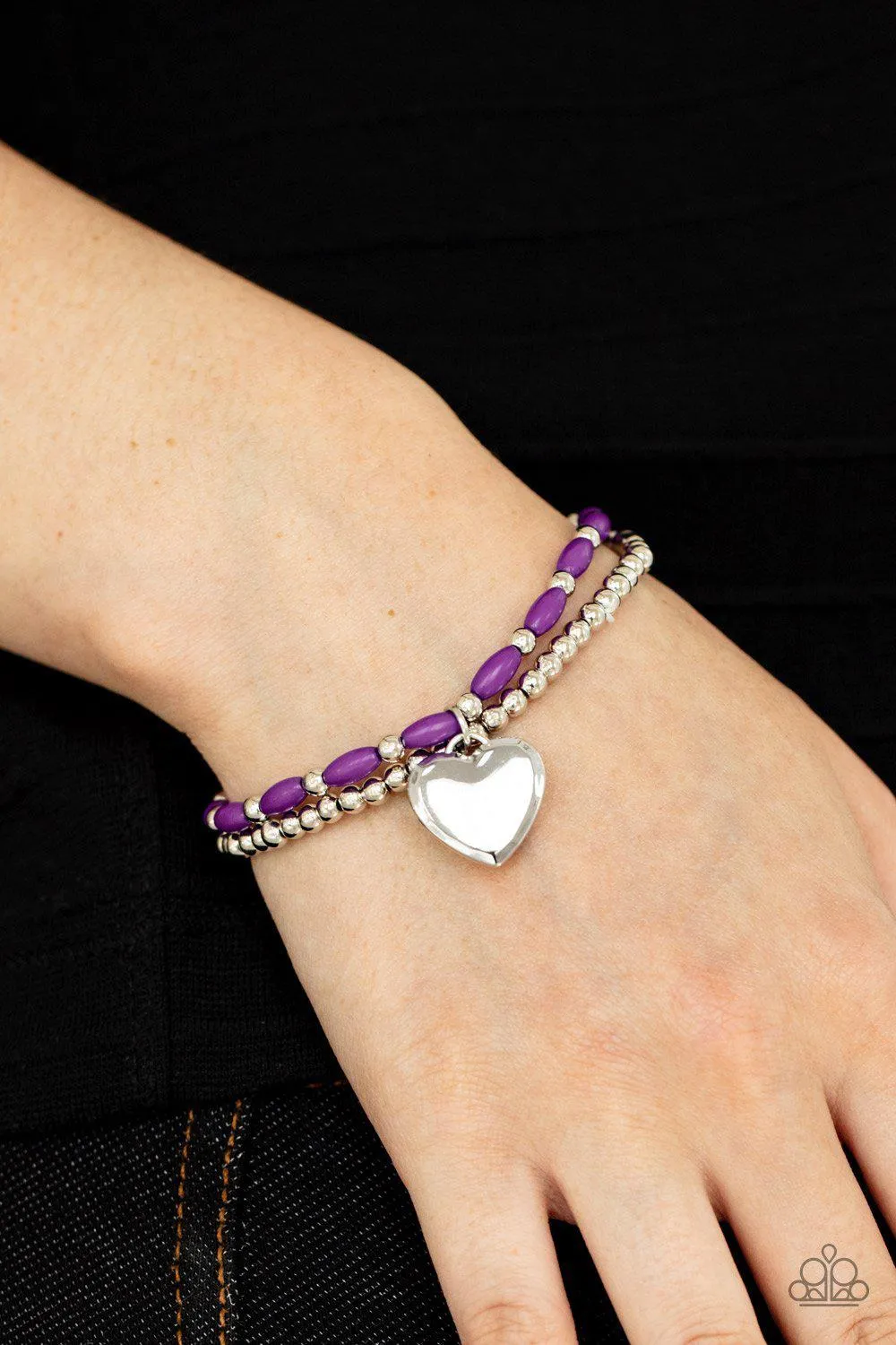 Candy Gram Purple and Silver Heart Charm Bracelet - Paparazzi Accessories