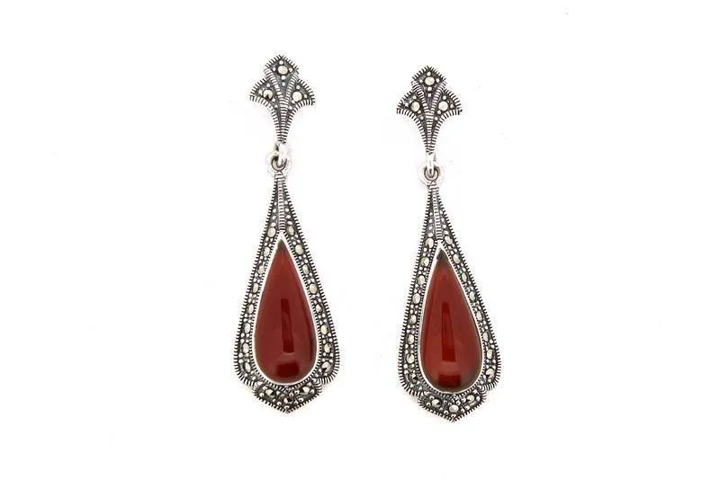 Carnelian Earrings Red Agate Silver Marcasite