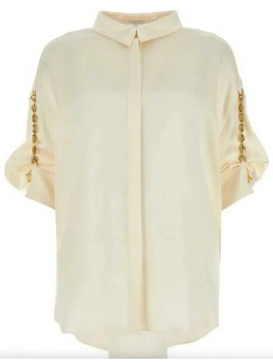 Chain-Sleeve Satin Shirt, Ivory