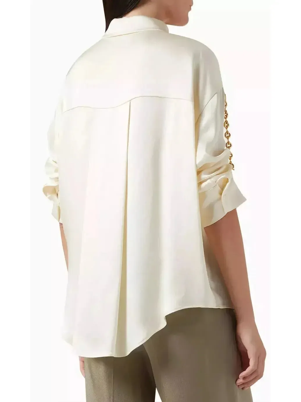 Chain-Sleeve Satin Shirt, Ivory