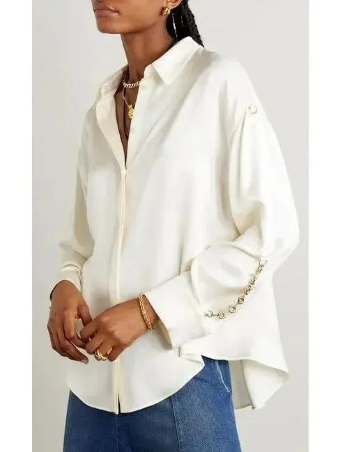 Chain-Sleeve Satin Shirt, Ivory