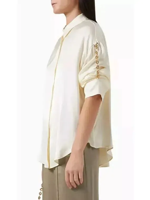 Chain-Sleeve Satin Shirt, Ivory