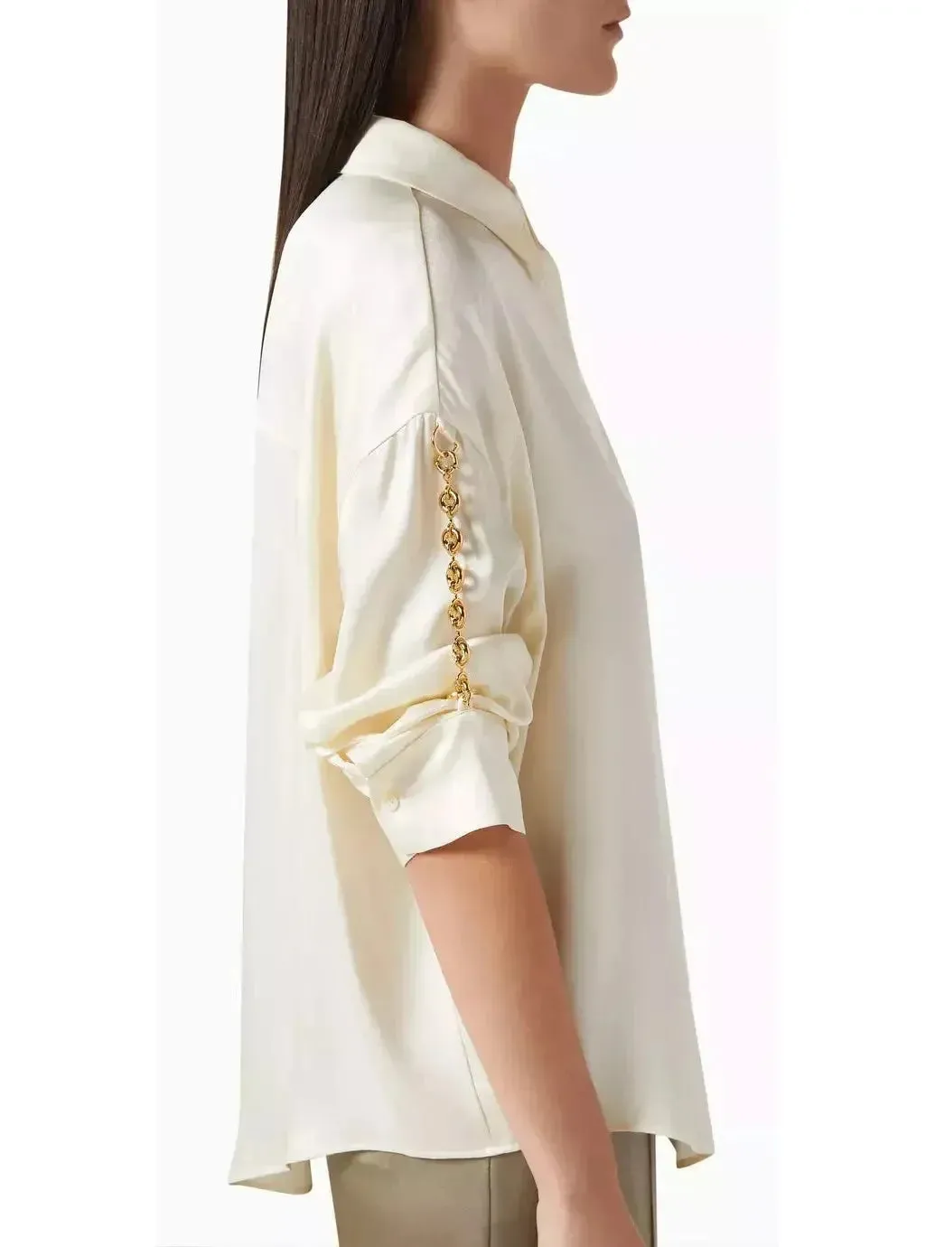 Chain-Sleeve Satin Shirt, Ivory