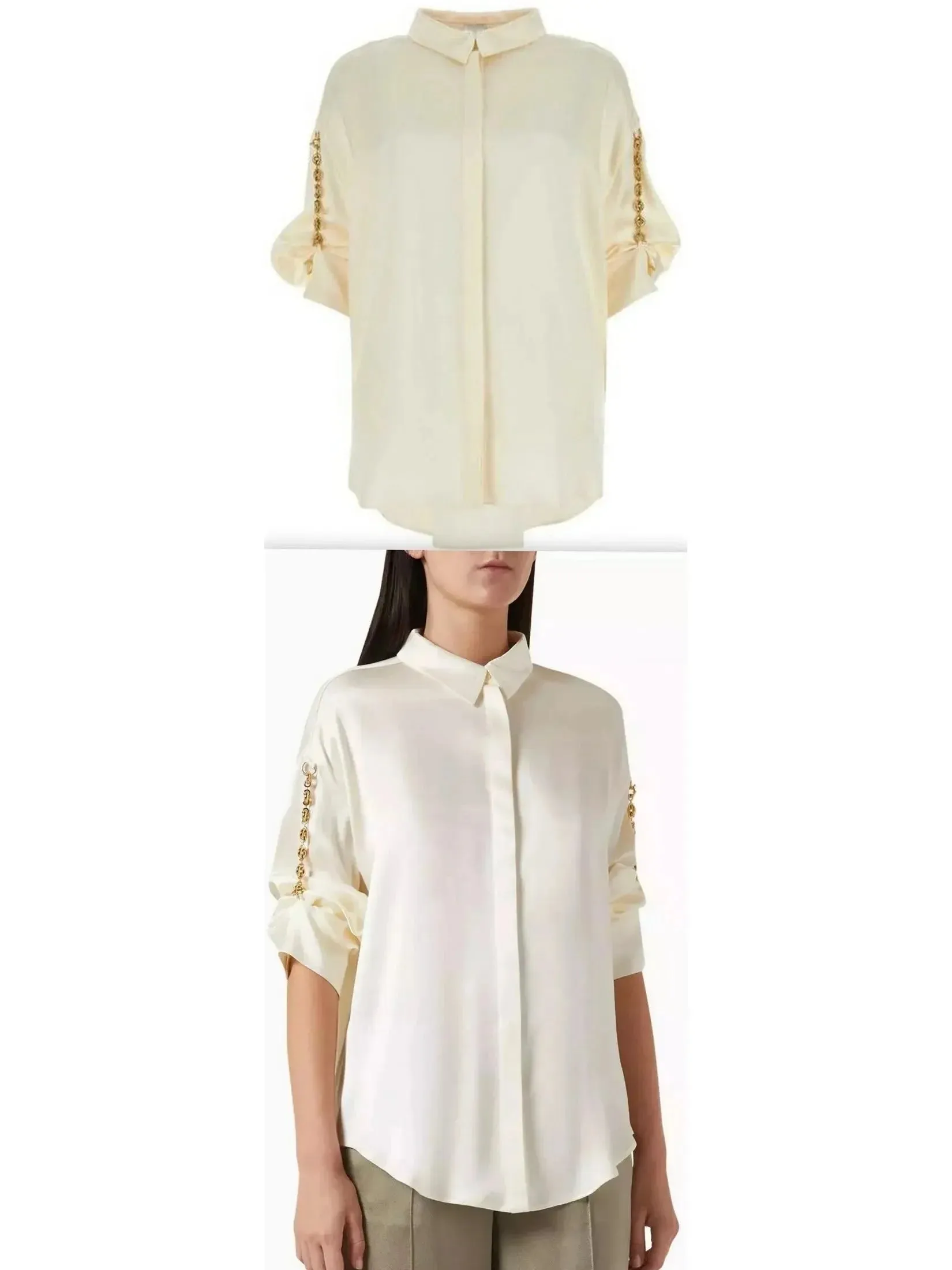 Chain-Sleeve Satin Shirt, Ivory