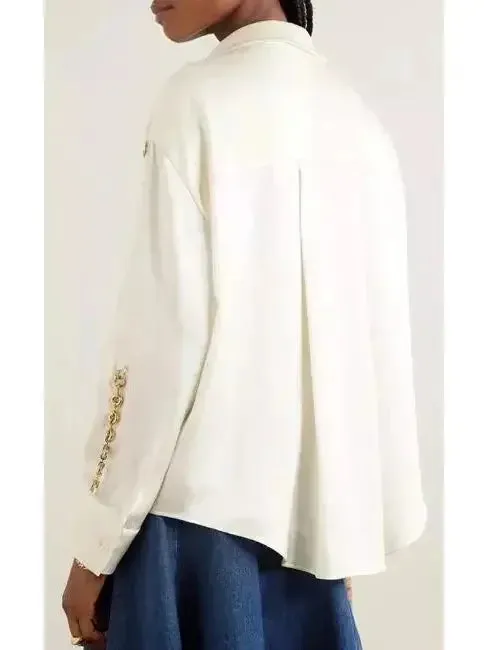 Chain-Sleeve Satin Shirt, Ivory