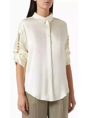 Chain-Sleeve Satin Shirt, Ivory