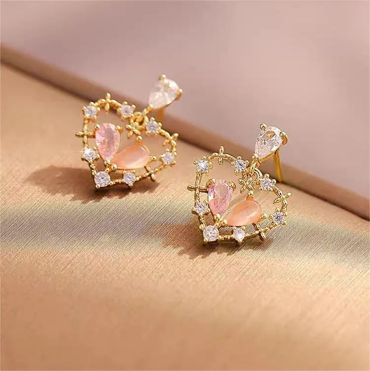 Charming Crystal Floral Hollow Heart Earrings