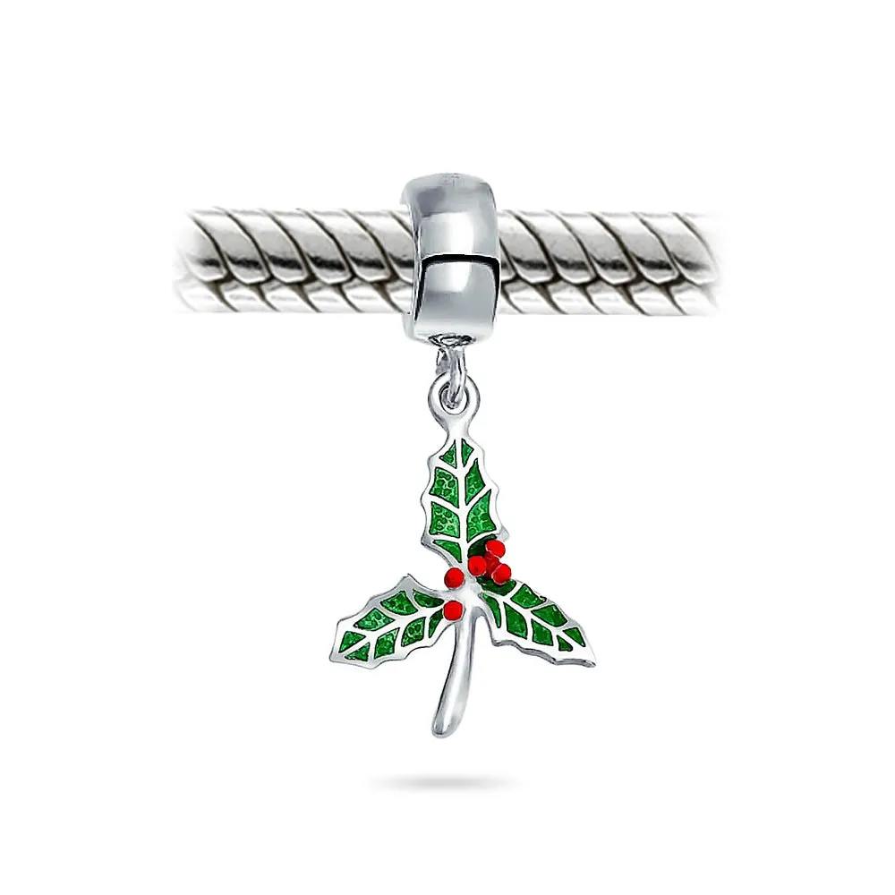 Christmas Charm Bead Green Mistletoe Holly Dangle Sterling Silver for Bracelets