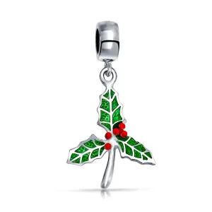 Christmas Charm Bead Green Mistletoe Holly Dangle Sterling Silver for Bracelets