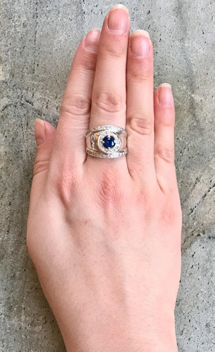 Chunky Sapphire Ring - Blue Dome Ring - Wide Vintage Ring