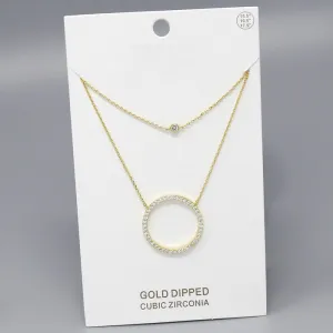 Circle CZ Pave Pendant Gold Dipped Layered Chain Necklace