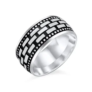 Classic Mens Silver Ring Brick Chain Band Blackened Oxidized .925 Sterling Silver