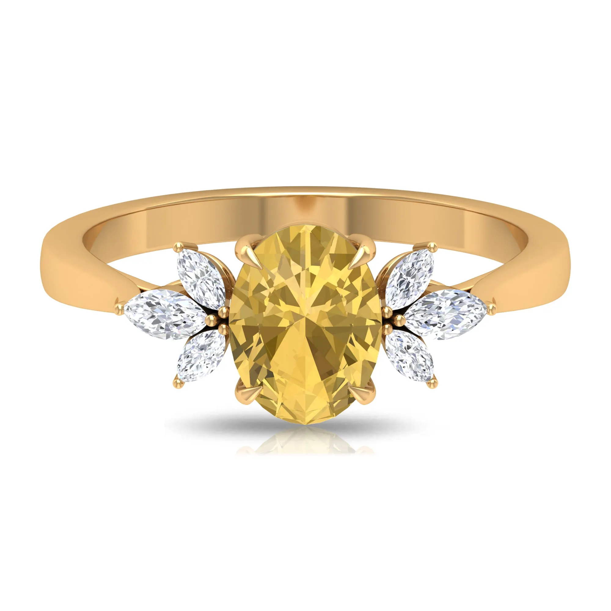 Claw Set Oval Citrine Solitaire Ring with Marquise Diamond Trio