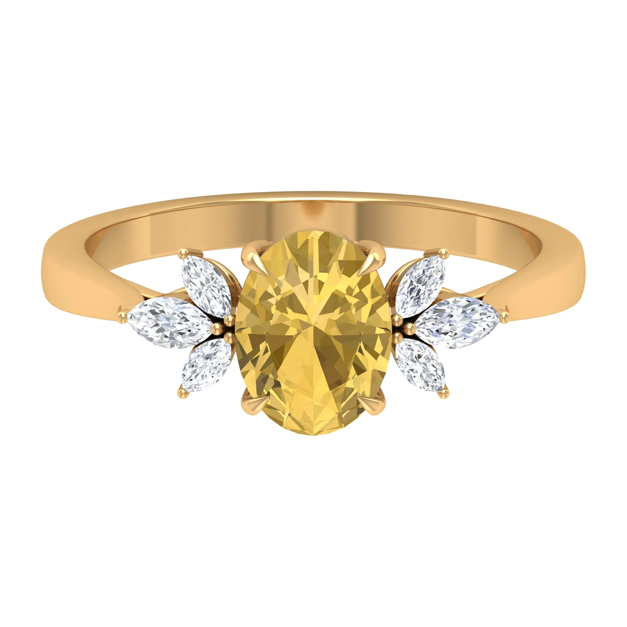 Claw Set Oval Citrine Solitaire Ring with Marquise Diamond Trio