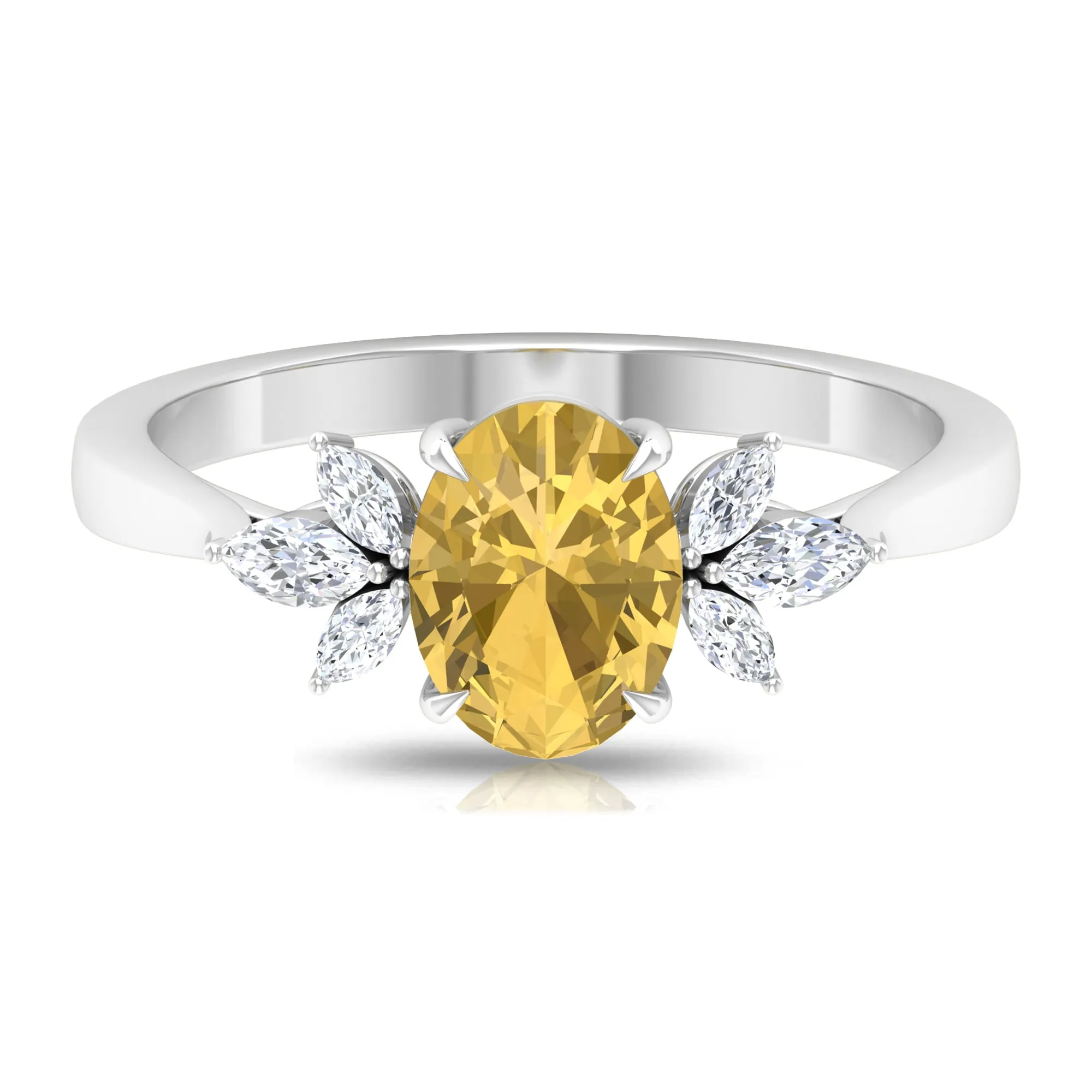 Claw Set Oval Citrine Solitaire Ring with Marquise Diamond Trio