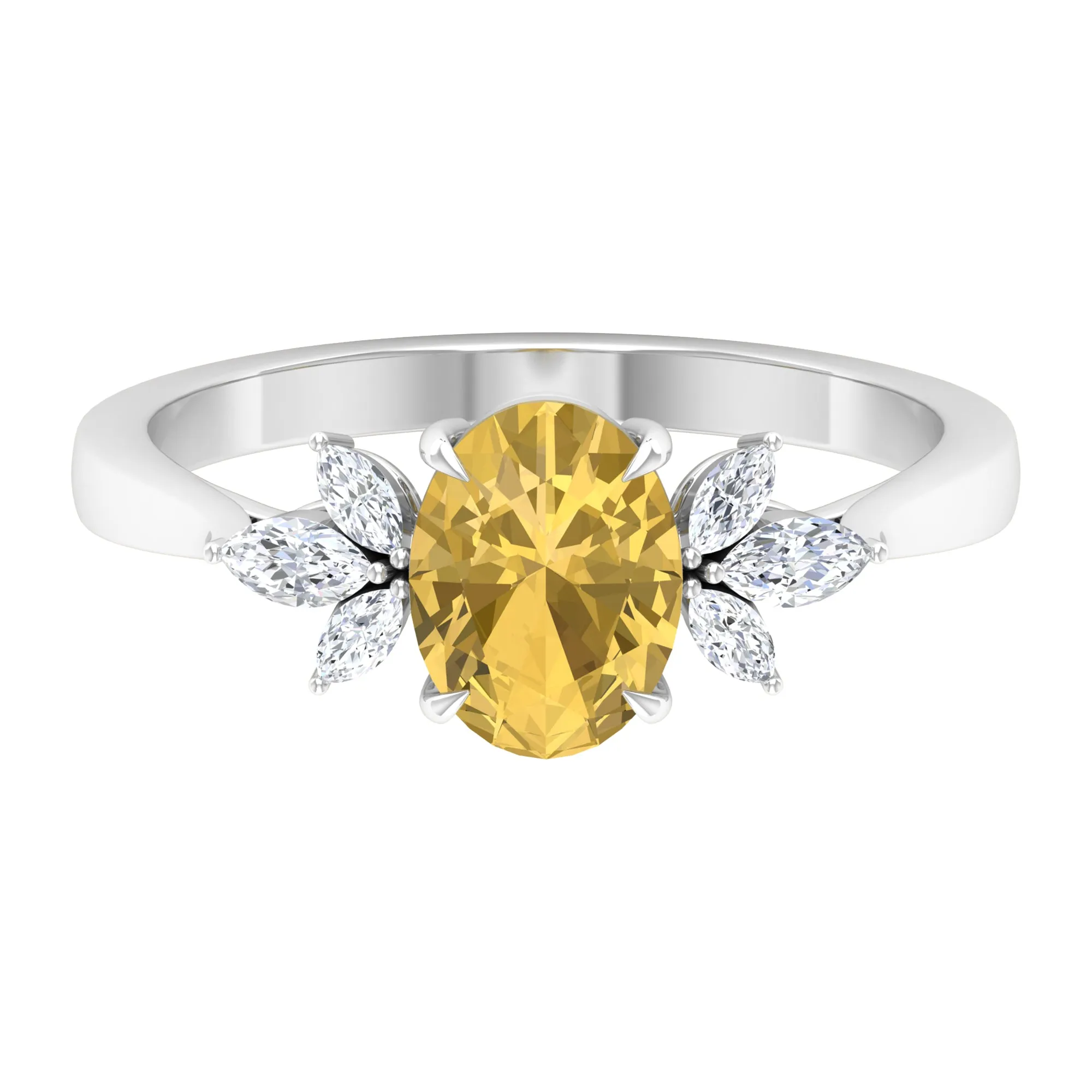 Claw Set Oval Citrine Solitaire Ring with Marquise Diamond Trio